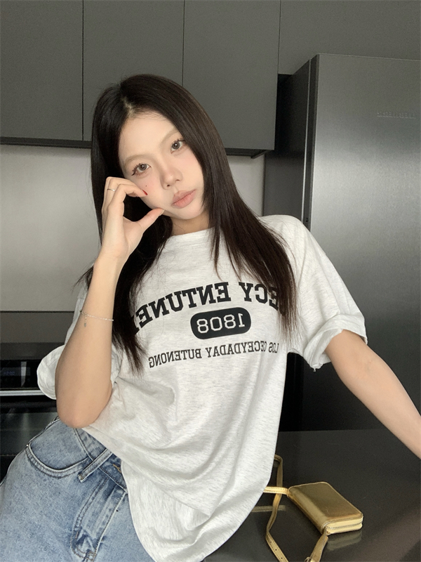 實拍~美式百搭慵懶字母印花寬鬆短袖T恤上衣