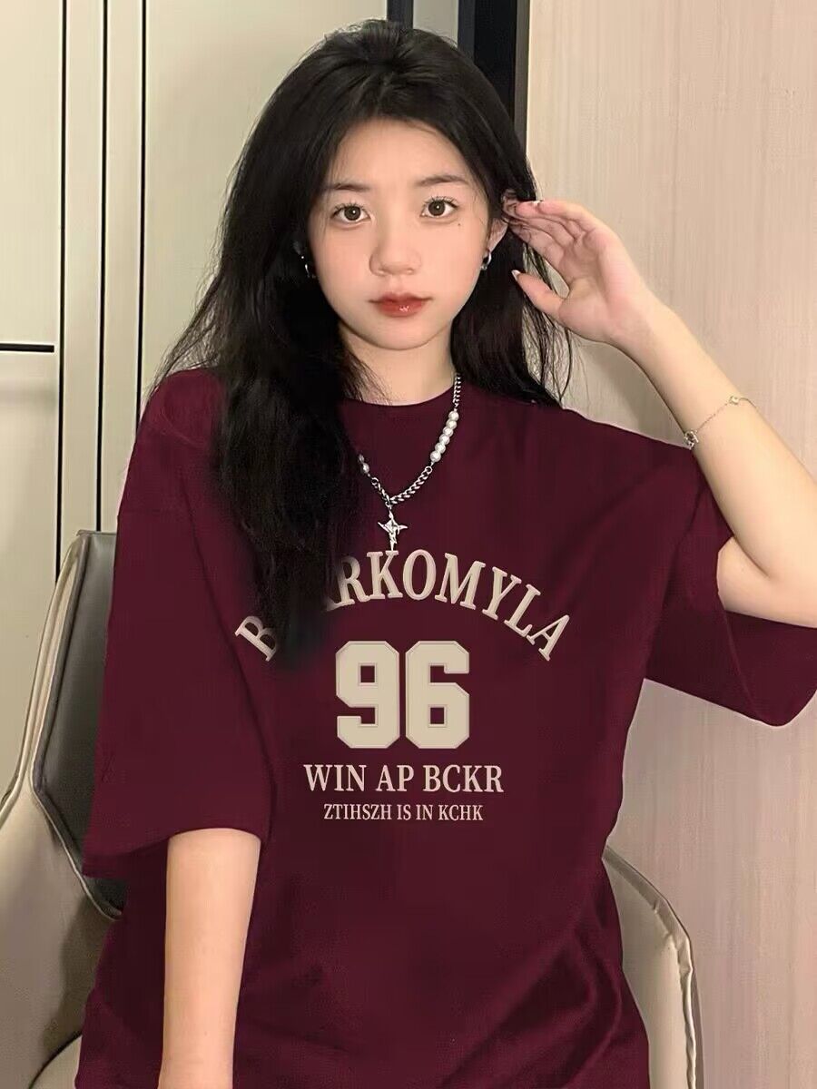 港風復古chic酒紅色短袖t恤女夏oversize寬鬆情侶裝純棉半袖上衣