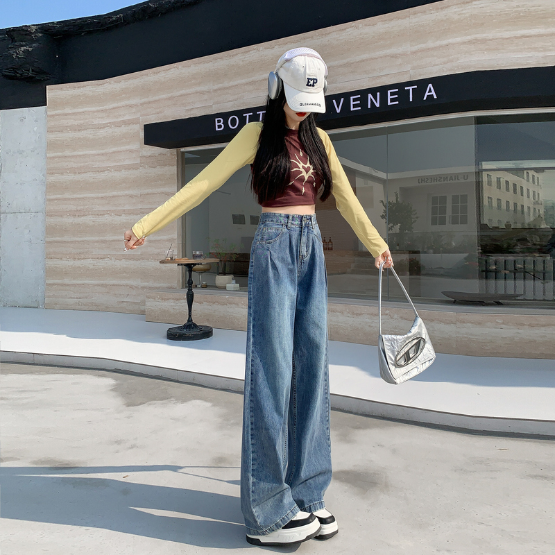 高腰直筒闊腿牛仔褲女2024年春節褶皺小個子顯高顯瘦拖地褲子