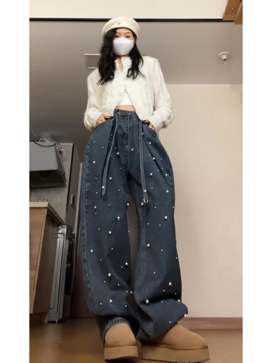 大碼設計感復古釘珠蘿蔔牛仔褲女新款國潮水洗高腰顯瘦闊腿長褲子