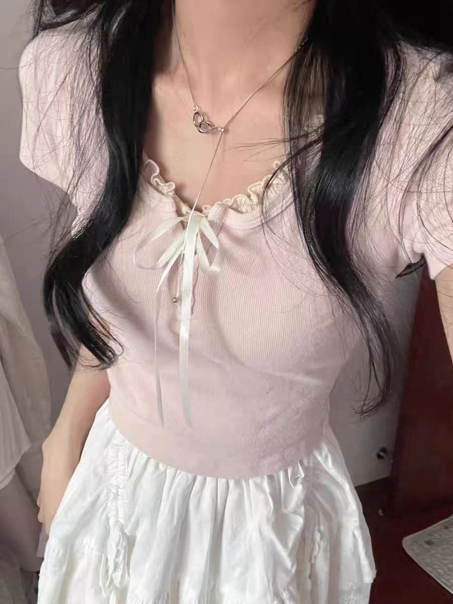 女夏季韓版甜美蝴蝶結蕾絲邊修身上衣