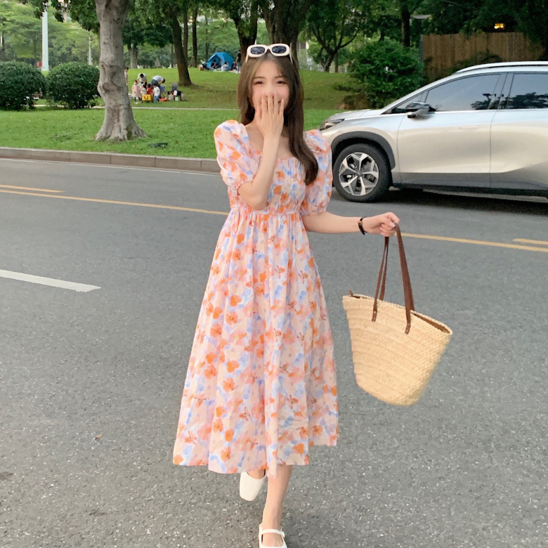 韓國chic夏季新款小香女風名媛寬鬆泡泡袖鬆緊腰碎花顯瘦連衣裙