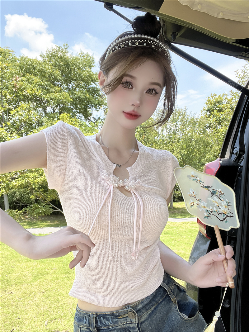 #實拍#夏季復古盤扣V領套頭短袖顯瘦薄款純色短款針織衫上衣女潮