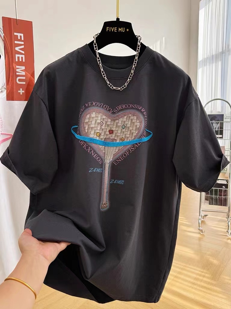 韓國簡約寬鬆百搭純棉歐貨愛心打底衫印花圓領大碼短袖T恤女
