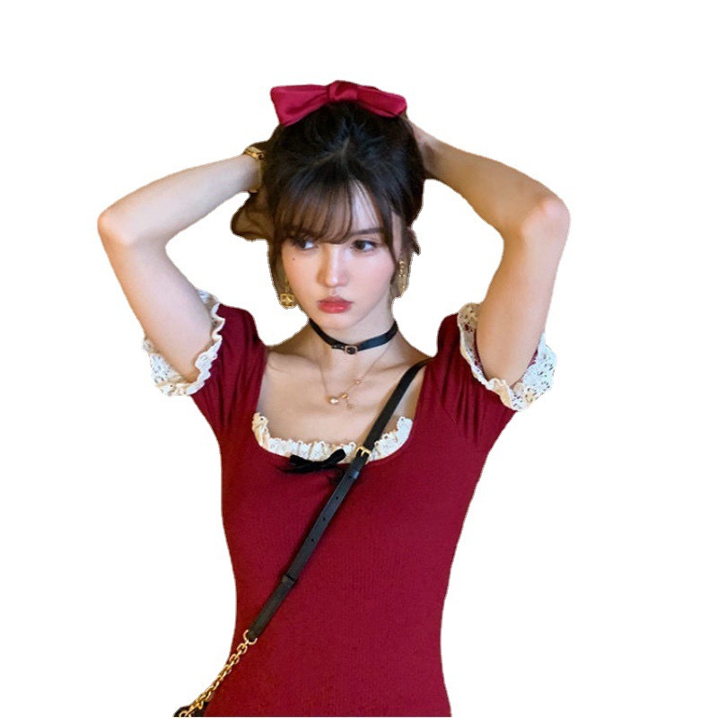 2024女裝春夏季洋氣連衣裙螺紋高腰花邊裙姐妹休閒顯瘦酒紅色