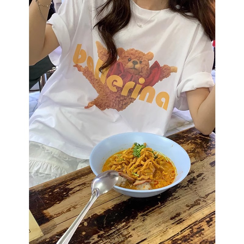韓國ins小熊字母印花純棉後包領短袖圓領寬鬆百搭大碼T恤上衣女