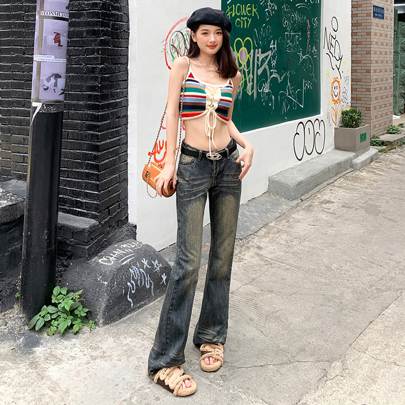 實拍2024春季復古設計感高腰微喇叭牛仔褲女