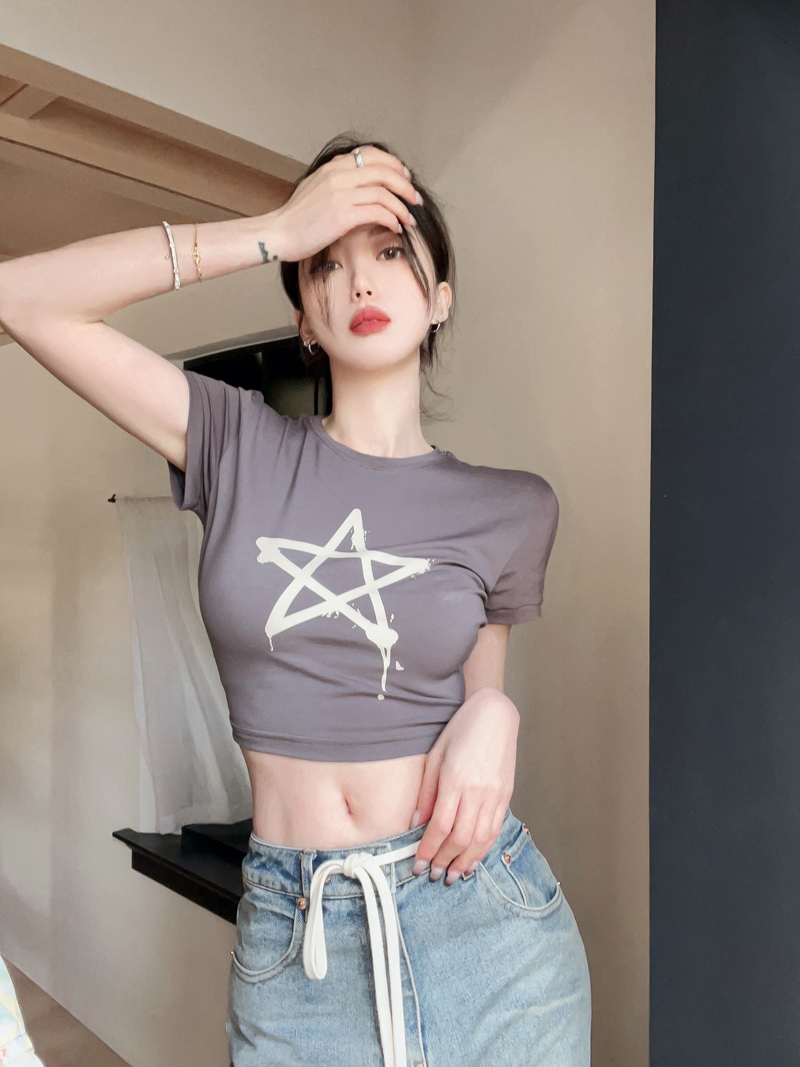實拍夏季新款星星短款短袖T恤女正肩辣妹jazz上衣潮