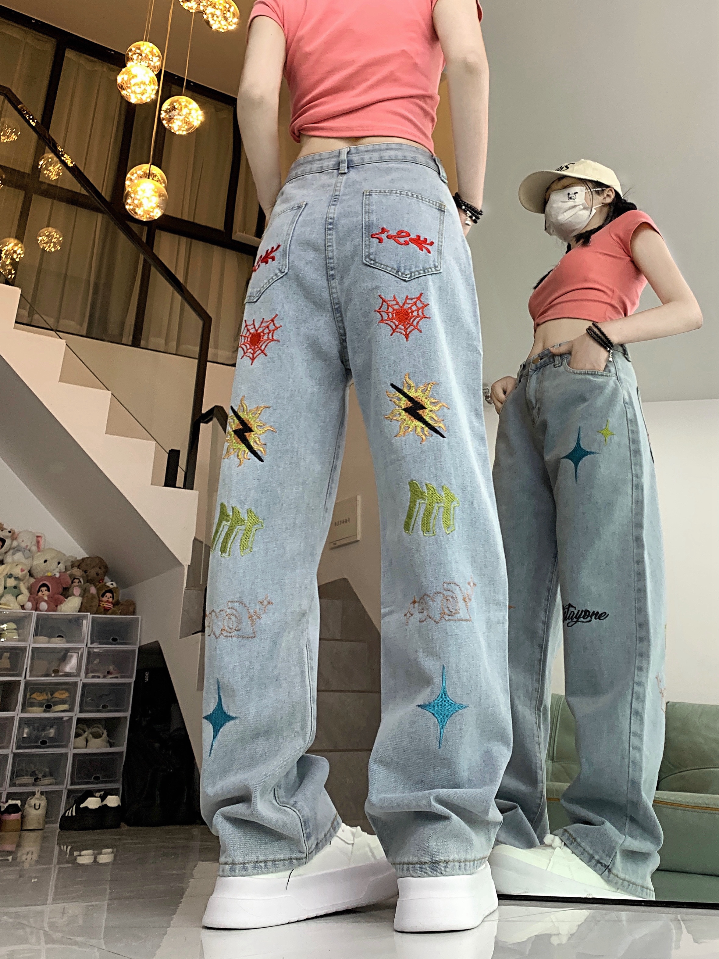 實拍歐美式vibe高腰刺繡牛仔褲街頭嘻哈hiphop直筒褲子