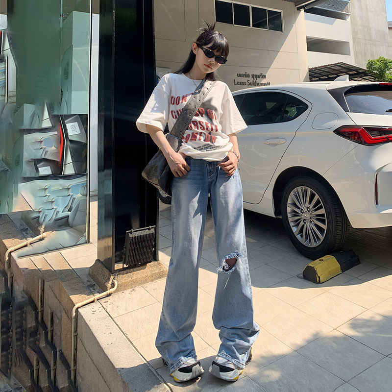 實拍2024春夏復古寬鬆闊腿褲流蘇潮酷i新款直筒破洞牛仔褲女