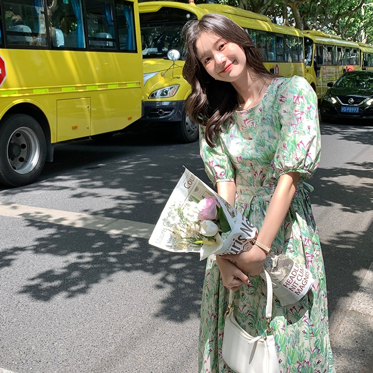 2024韓版新款女高腰長款連衣裙女夏小清新碎花方領短袖裙收腰