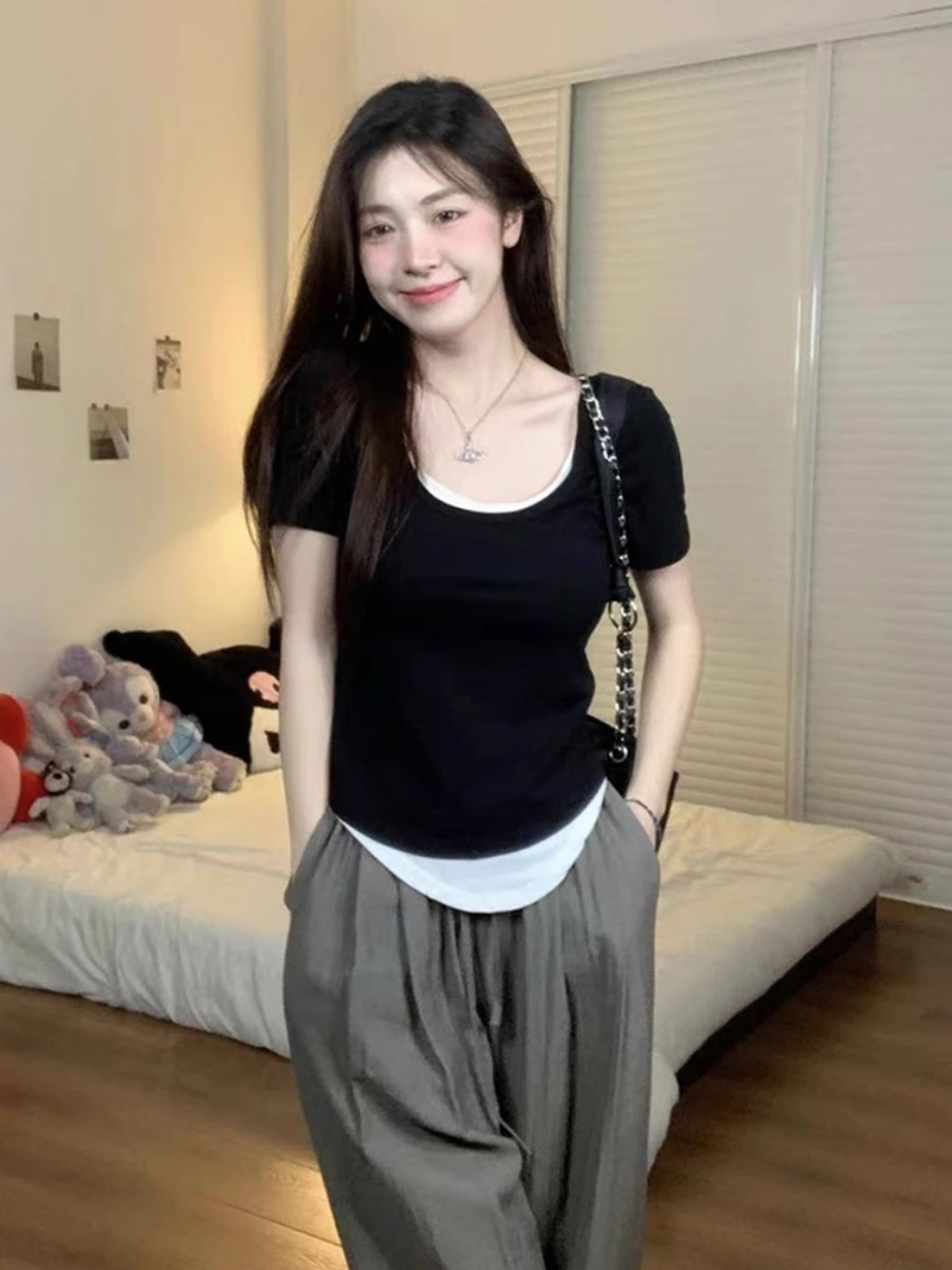 韓國新款時尚92棉/8氨綸40支210g純棉 假二件短袖T恤女設計感