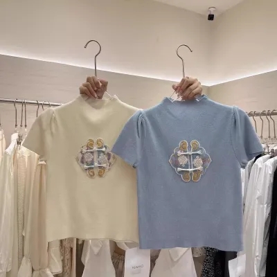 新中式刺繡針織衫女2024春季新款設計感內搭氣質短袖高級感上衣潮
