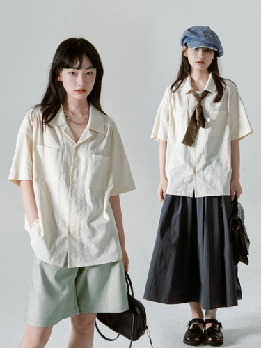 原版做工 复古日系短袖衬衫女夏季宽松ins设计感小众休闲学院风