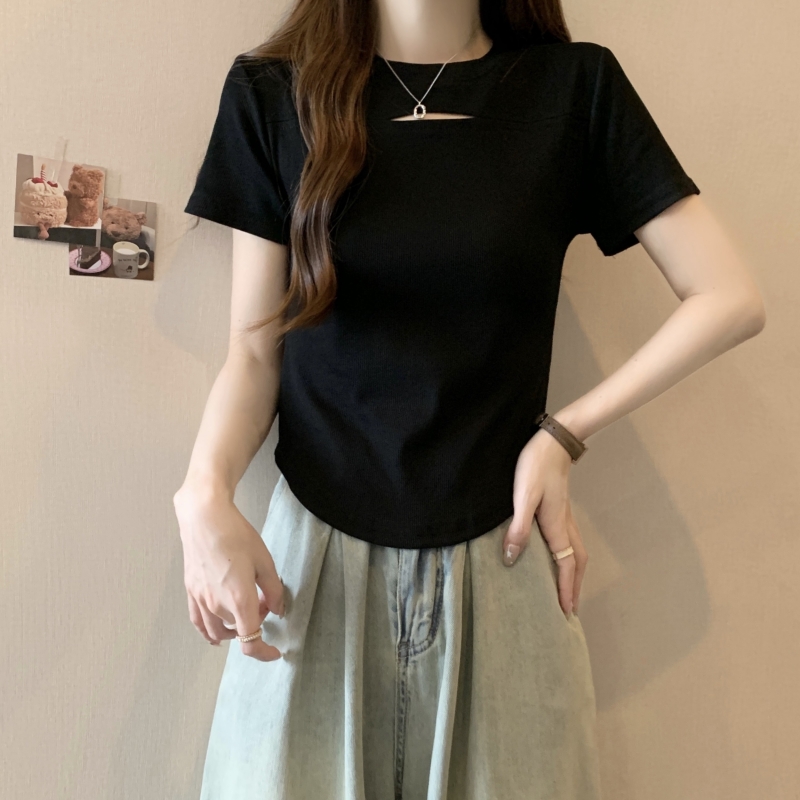 實拍 - 40支純棉 2024夏裝鏤空設計感小眾短袖T恤女百搭