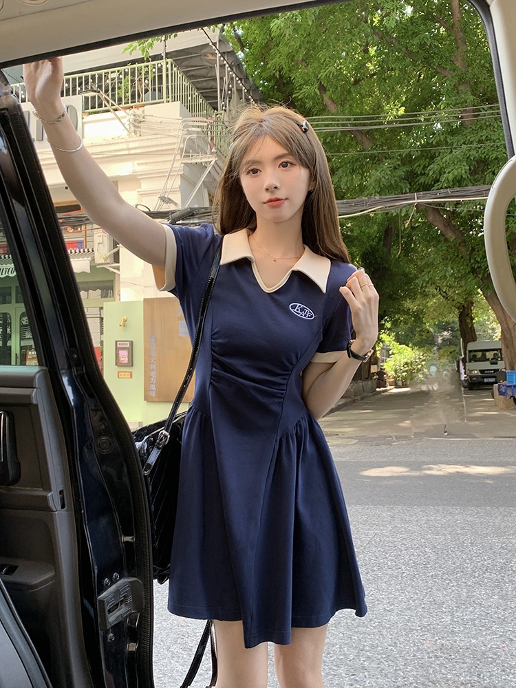 Short-sleeved polo collar dress for women summer new fat mm waist A-line slimming belly-covering skirt long skirt