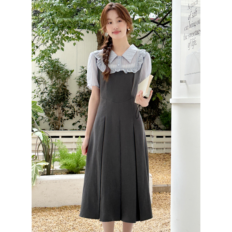 No less than 137 real shot 2024 French preppy style fake two-piece splicing temperament dress