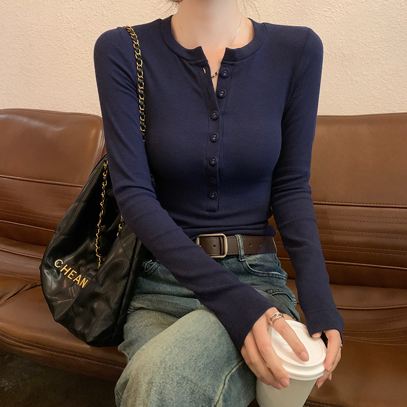 實拍 打底衫女春秋款排扣純色圓領薄款短款上衣長袖t恤