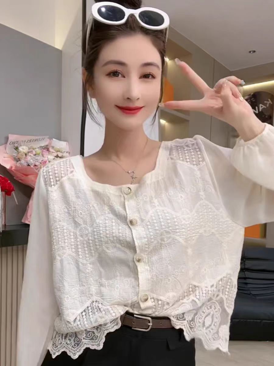 溫柔純色蕾絲鈎花拼接鏤空方領長袖針織衫女小清新防曬開衫上衣夏
