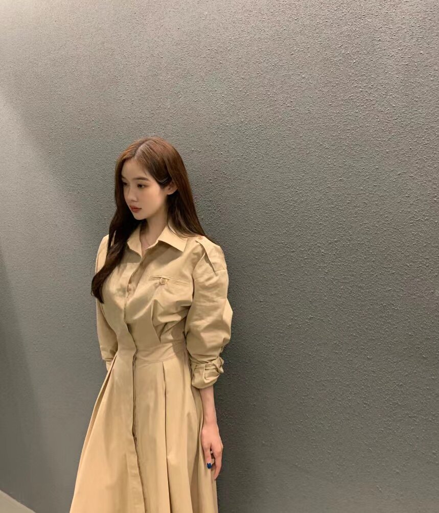 尺碼已更新chic春季法式翻領長袖連衣裙女收腰顯瘦襯衣長裙