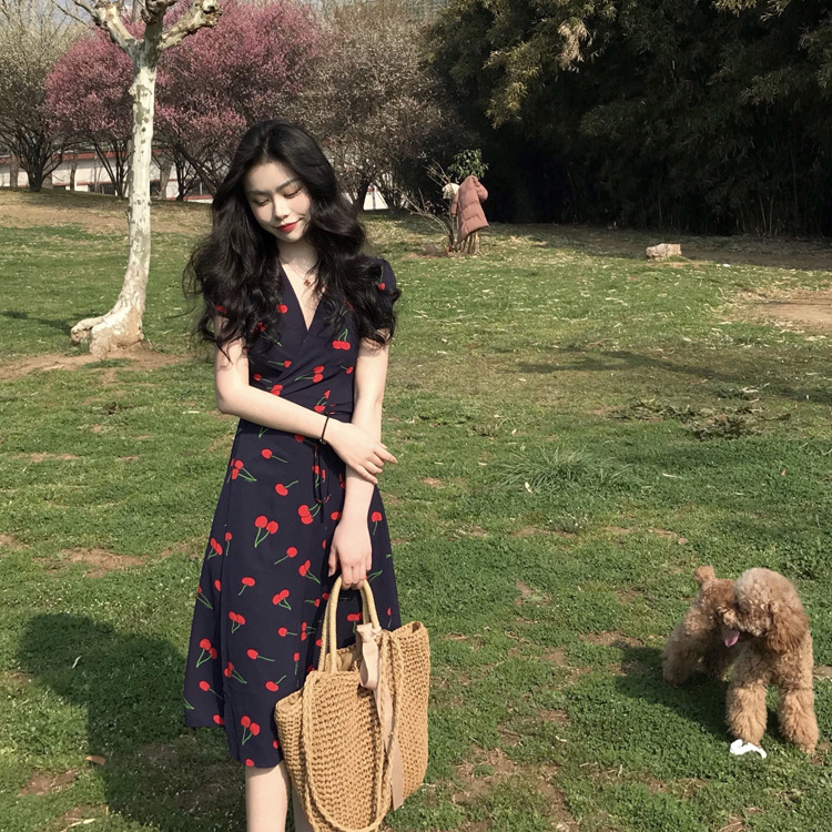 沙灘裙女小香風碎花連衣裙