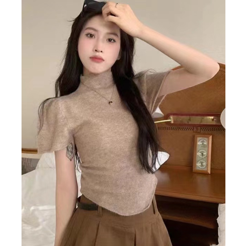 Spring and summer Korean style temperament half turtleneck solid color puff sleeves curved hem short-sleeved tops women's spring and summer knitted sweater tops
