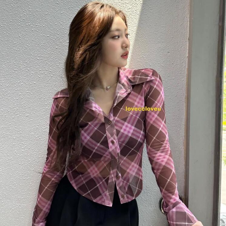 寧藝卓同款韓國小眾代whynotus菱格襯衫千禧y2k網紗開衫長袖