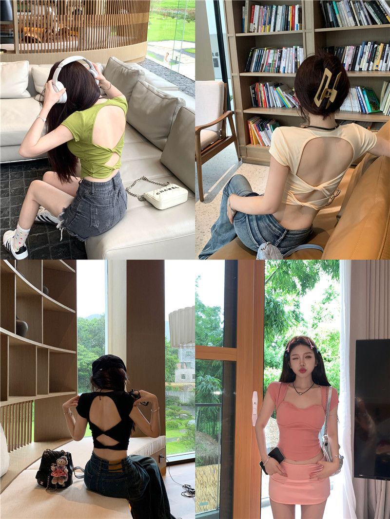 實拍 純欲露背正肩短袖T恤女夏設計感收腰上衣帶胸墊
