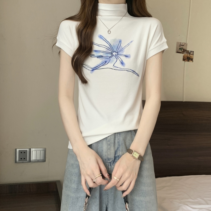實拍  40支純棉 2024夏裝 印花半高領打底女短袖T恤