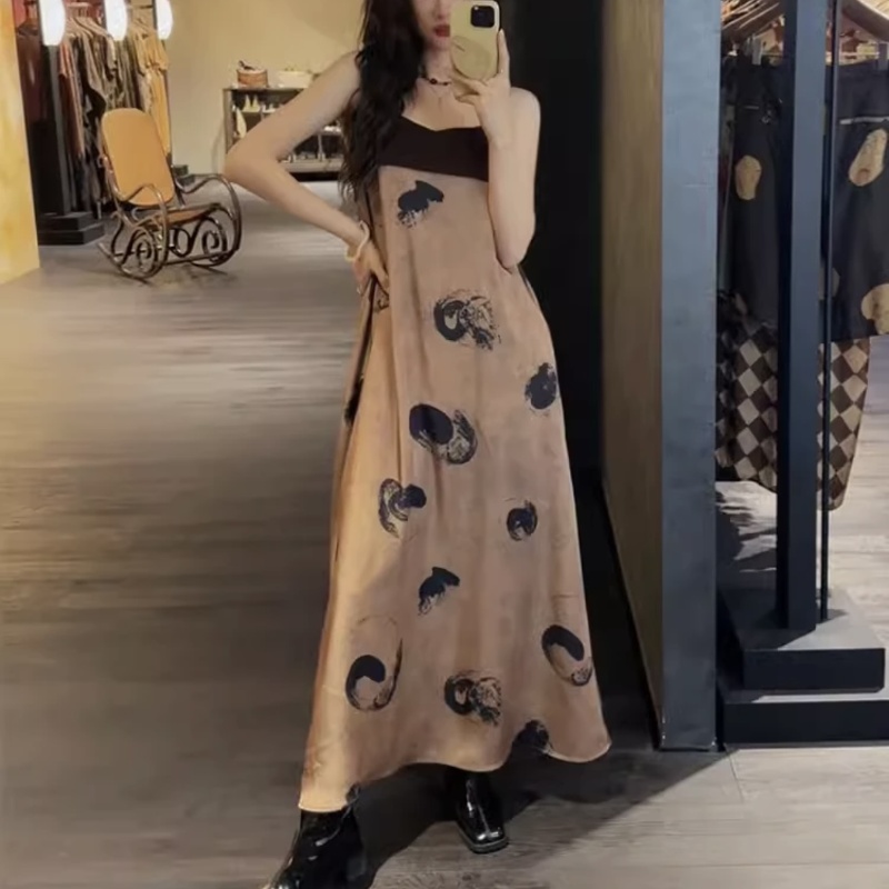三吉黑花新中式吊帶裙初春連衣裙女裝2024新款氣質拼接長裙子潮