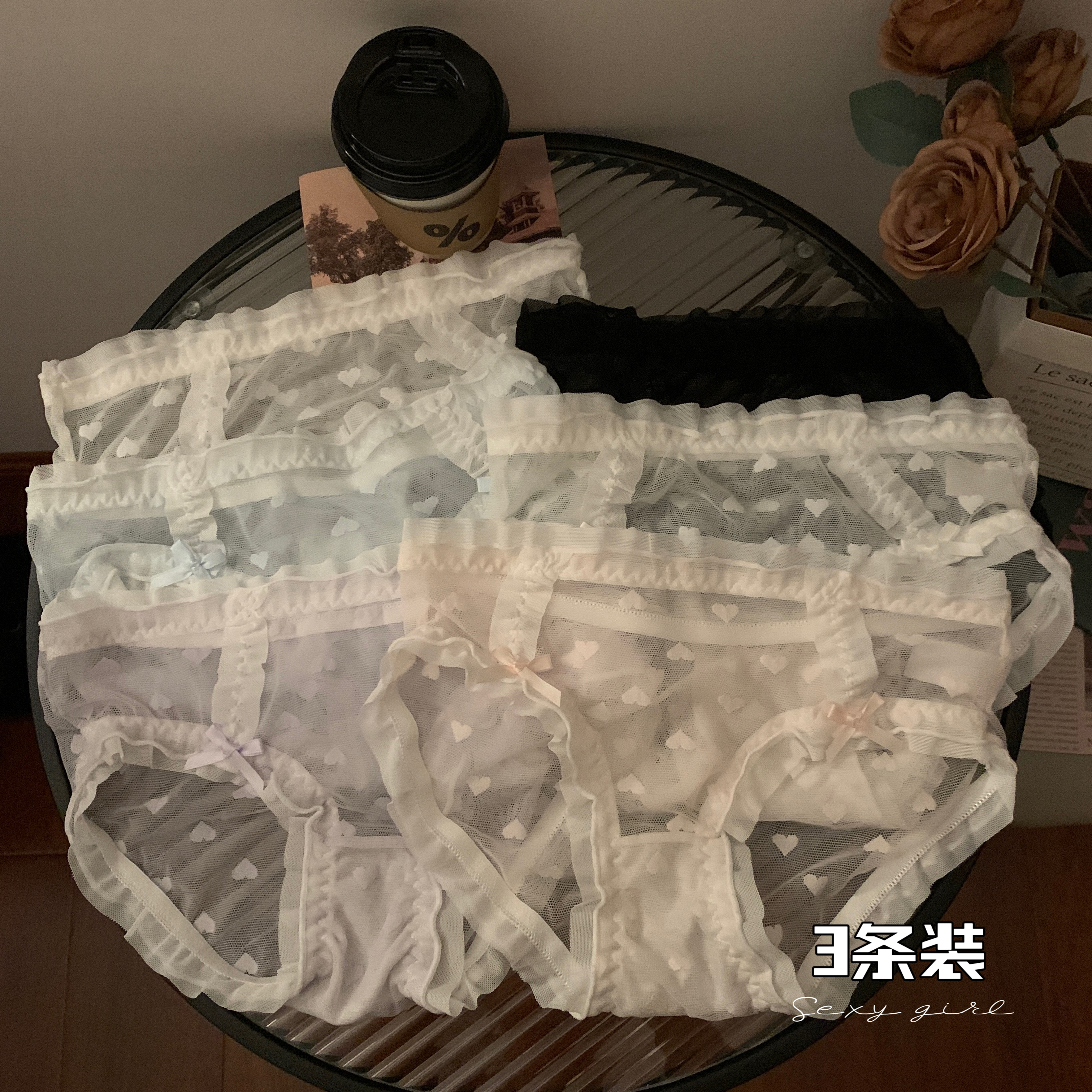 實拍愛心蕾絲性感透氣網紗內褲少女甜美中腰學生三角褲3條裝