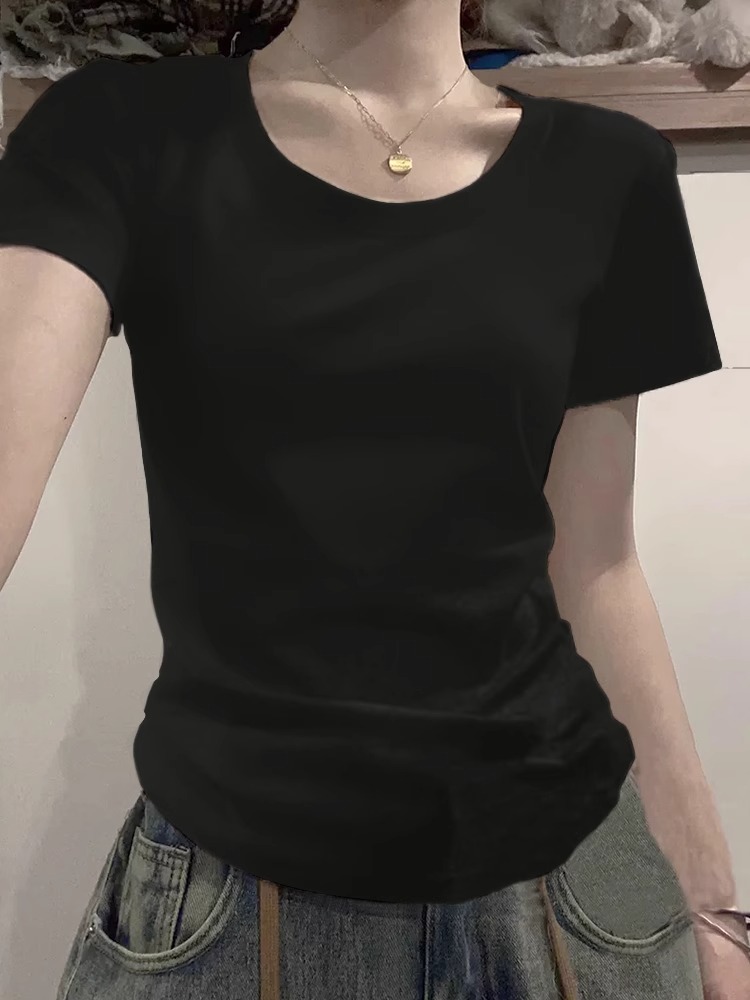 2024韓國ins簡約純棉短袖正肩顯瘦t恤女圓領純色基礎款打底衫上衣