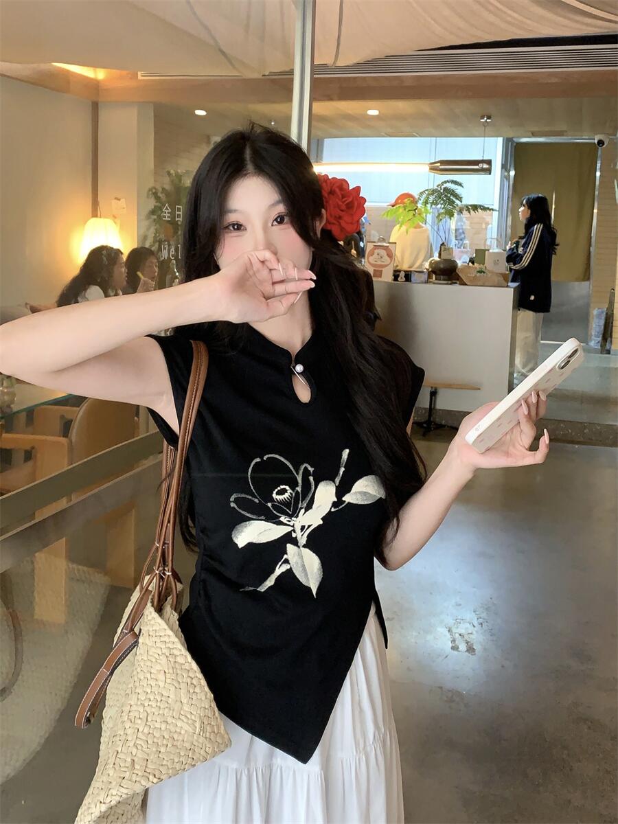 實拍 2024新中式盤扣上衣女小眾不規則修身T恤別致上衣