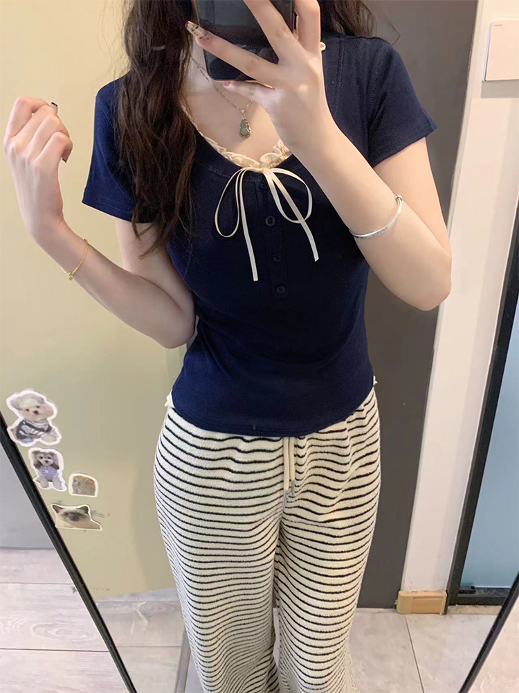 純棉 設計感2024年夏季新款系帶蝴蝶結疊穿短袖T恤女假兩件上衣潮