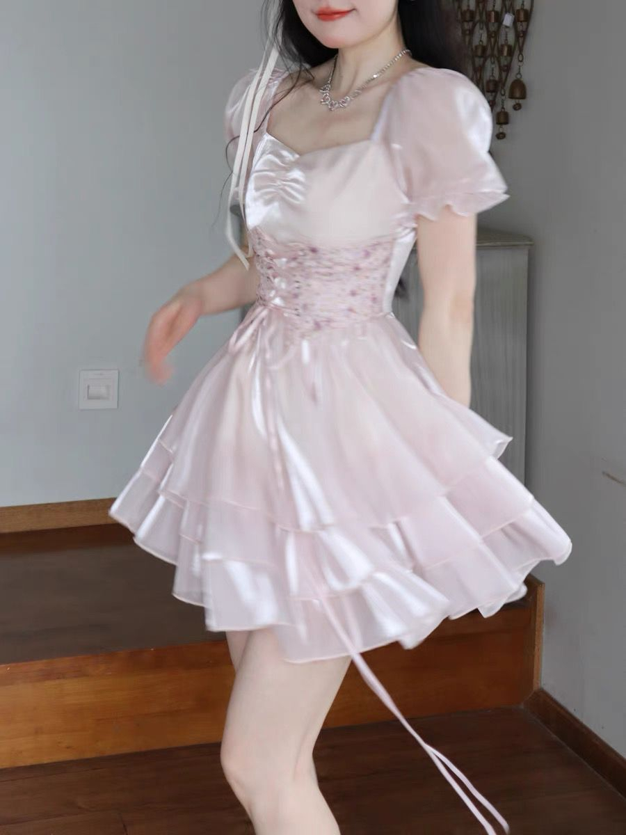 甜美漫花桃蕊 仙氣少女流光網紗碎花束腰短裙連衣裙女2024新款夏