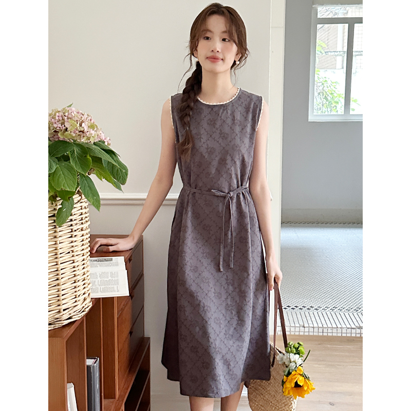 Not less than 99 real shot 2024 French retro gray sleeveless jacquard waist dress