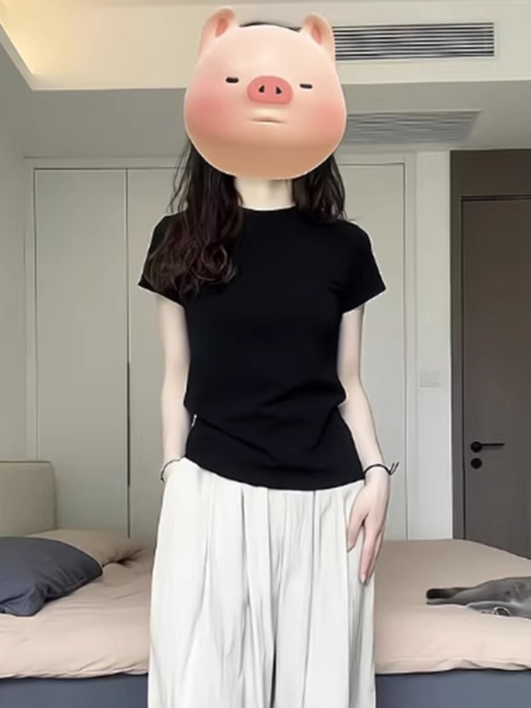 圓領黑色正肩短袖t恤女新款夏季設計感小眾修身顯瘦辣妹上衣