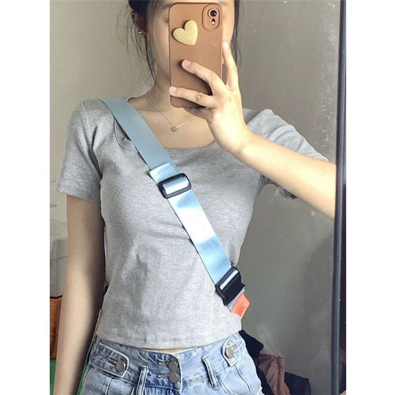灰色正肩短袖t恤女夏季新款設計感小眾別致辣妹方領短上衣秋
