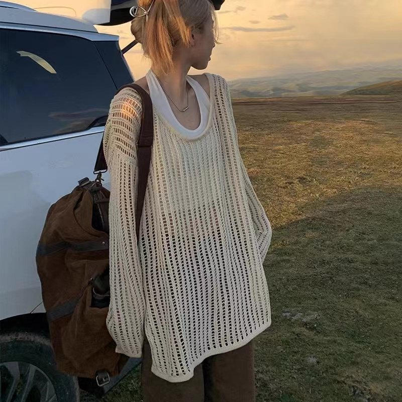 Lazy style hollow long sweater for women spring and summer outerwear high-end loose round neck top long-sleeved knitted blouse