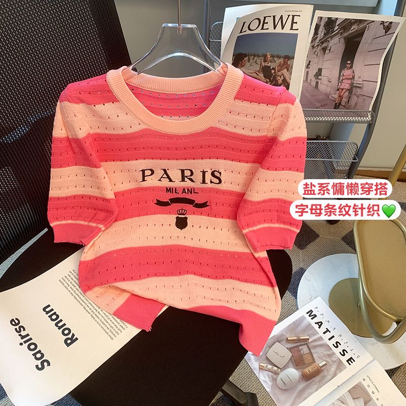 Actual shot of 2024 new summer style striped sweater women's short round neck hollow French puff sleeve top