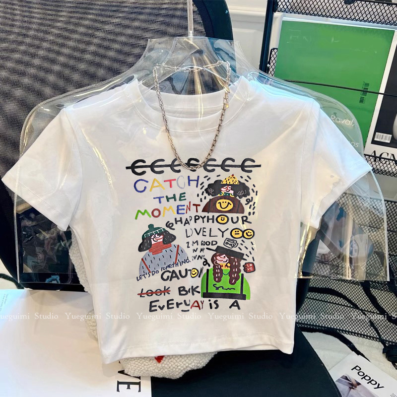 白色正肩短款t恤女2024新款夏季修身露臍機能風辣妹chic短袖上衣