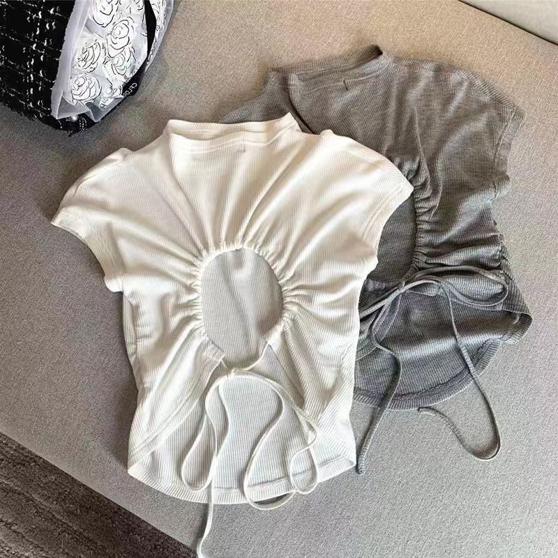 Waffle sleeveless T-shirt women's summer pure desire sexy back hollow drawstring high elastic design niche short top