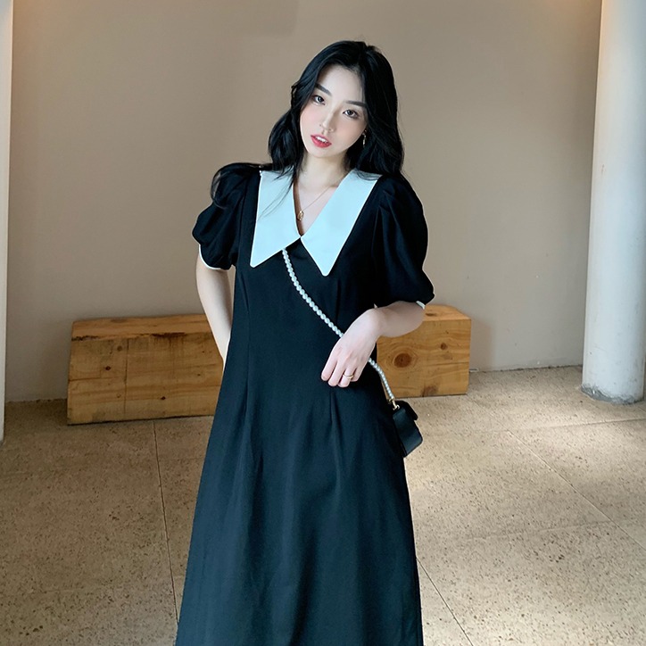 法式復古赫本風撞色翻領小黑裙氣質顯瘦中長款輕熟風連衣裙女夏