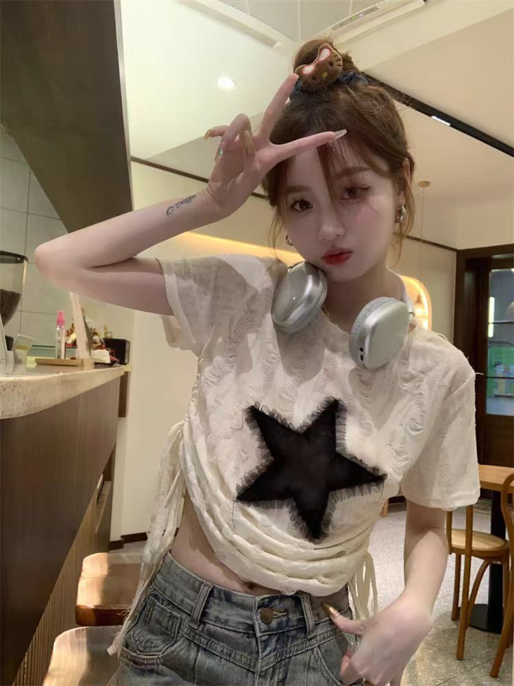 原版做法 韓版夏季新款辣妹星星網紗上衣抽繩T恤女