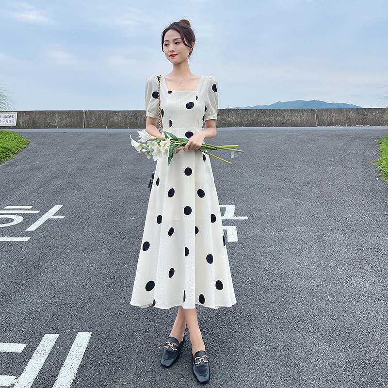 Korean puff sleeve floral square collar slim and fashionable fresh chiffon short-sleeved mid-length dress summer new style
