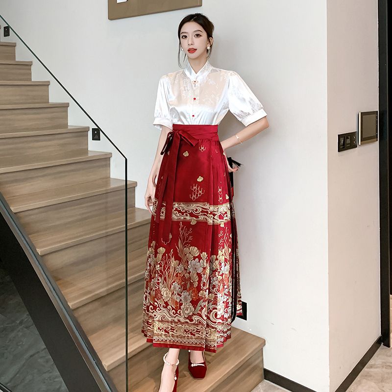 實拍 夏季新款短袖新中式國風漢服馬面裙女高級感提花上衣兩件套