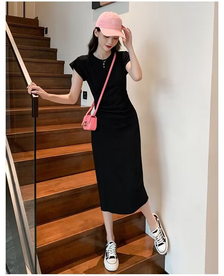 灰色收腰辣妹風修身連衣裙慵懶風性感百搭小個子長裙包臀裙女春夏