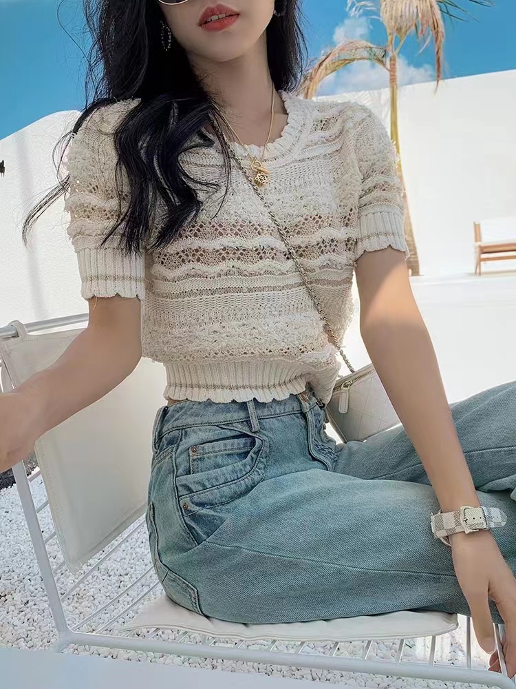 孟子義同款小清新浪花拼接針織短袖t恤女設計感鏤空短款露腰上衣