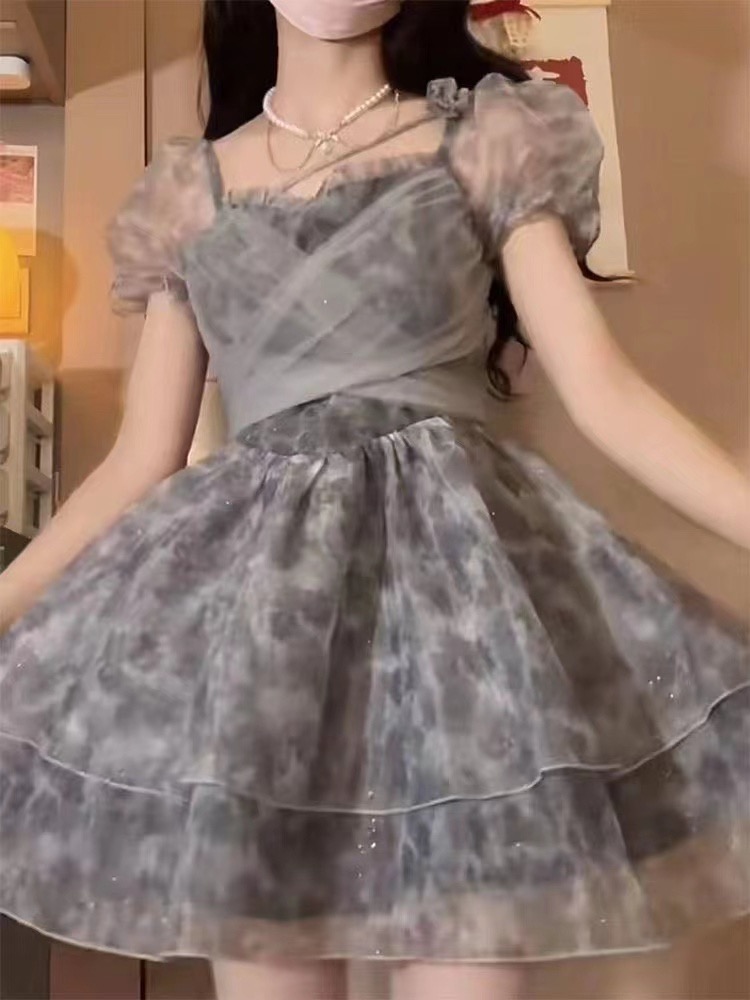 帶亮片小仙女超仙甜美蝴蝶結綁帶公主蓬蓬裙夏新款紗紗裙連衣