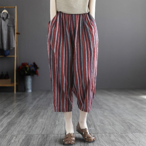 2024 women's loose summer new style literary retro elastic waist plaid harem pants nine-point casual carrot pants